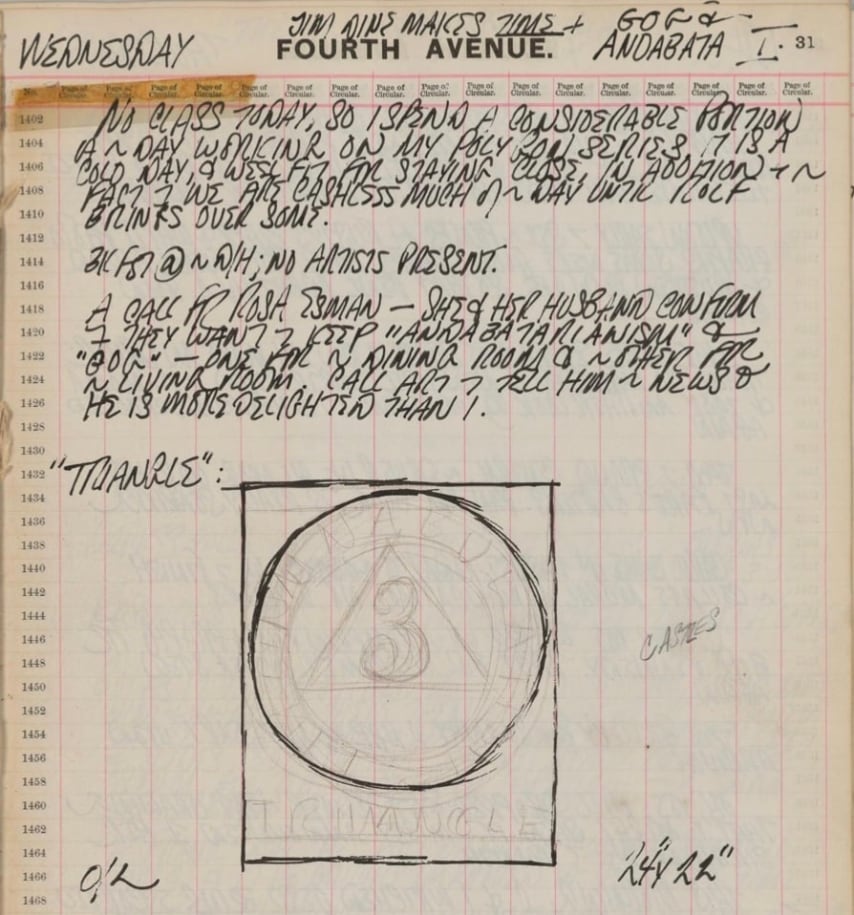 Detail from Robert Indiana's journal page for January 31, 1962 with a sketch of Tintinnabulation