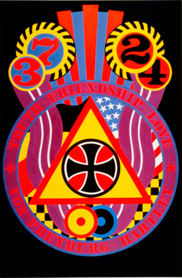 KvF V (Hartley Elegy) is a 77 by 51 inch painting with a black ground. The other colors used int the painting are blue, yellow, red, white, and magenta. A circle surrounded by a magenta ring with red text dominates the lower two thirds of the canvas. The text in the top half of the ring reads &quot;Truth Friendship Love,&quot; and in the bottom half of the ring &quot;Von Freyburg Hartley.&quot; Dominating the circle is a white outlined black iron cross in a red circle within a yellow triangle with a red outline. Above the circle, in the upper left of the canvas are two blue circles, one with a red number 3 and another with a red number 7. The circle with the seven is surrounded by a ring with yellow and black stripes. In the upper right hand side of the canvas are two red circles, one with a black number two and another with a black number four. The circle with the number two is surrounded by a ring with black and yellow stripes.