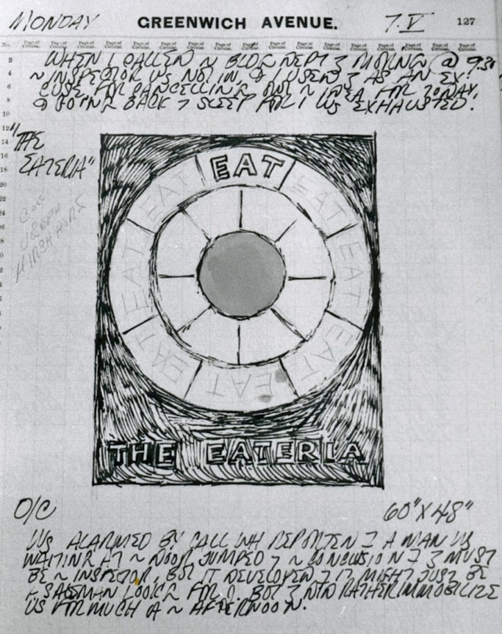 Excerpt from Robert Indiana's journal entry for May 7, 1962, featuring a sketch of the painting The Eateria