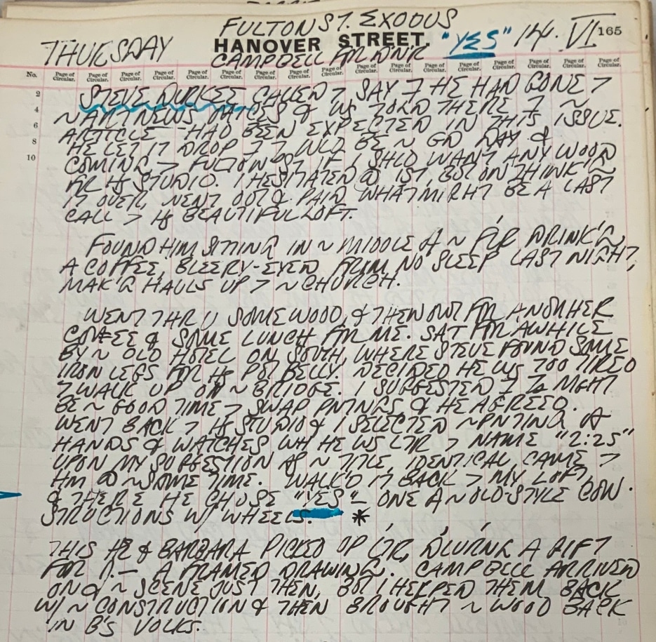 Excerpt from Indiana&#039;s journal entry for June 14, 1962, in which he discusses going to Durkee&#039;s loft and exchanging works with him, &nbsp;