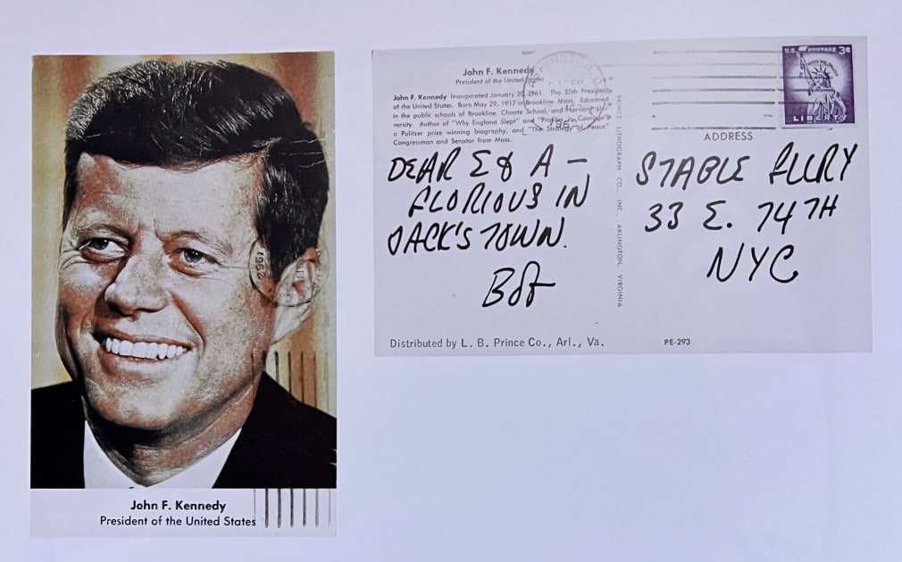 Postcard from Robert Indiana to Eleanor Ward and Alah Groh at the Stable Gallery, 1962, with an image of John F. Kennedy