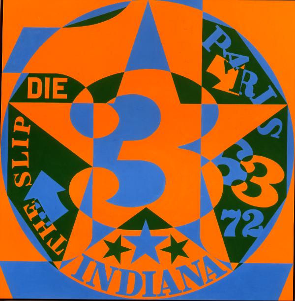 Decade: Autoportrait 1963 is a 72 inch square painting with an orange ground. A circle containing a black decagon dominates the canvas. In the center of the circle is a large blue and orange numeral one. Painted on top of the one is a blue and orange star, and on top of the star is a blue, orange, and black numeral three. Text, arrows and numbers are painted in the spaces between the arms of the stars. On the right side Paris is painted in blue letters, with an orange arrow painted underneath the letters A and R. The number 63, the six painted blue and the three orange, and a blue number 72, appear in the lower right side of the circle. Indiana appears painted blue at the bottom of the circle, with three stars above it.  The words &quot;Die&quot; and &quot;The Slips&quot; are painted in orange letters in the left side of the circle, as well as a blue arrow.
