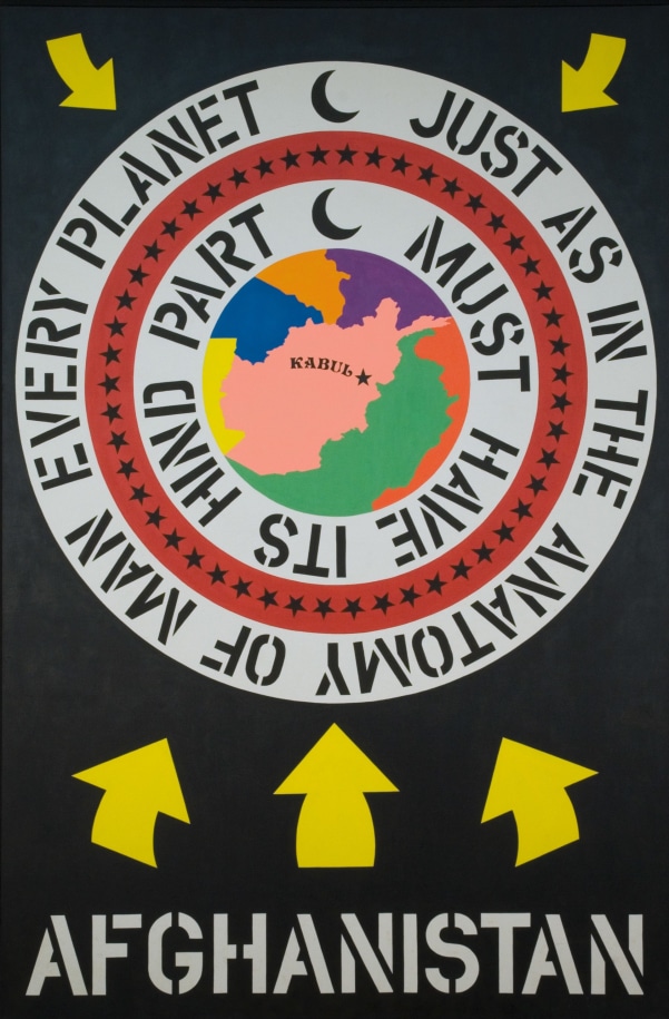 A 77 by 50 3/4 inch painting with a black ground and the work's title, Afghanistan, painted in white stenciled letters across the bottom. Above the title are three yellow arrows pointing towards a circle. In the center of the circle is a pink map of Afghanistan, with Kabul painted in black letters. Three concentric rings surround this, the outer and inner rings are white with black text, and the middle ring is red with black stars. The text reads, starting with the outer ring, &quot;Just as in the anatomy of man every planet,&quot; and continuing with the inner ring &quot;Must have its hind part.&quot;