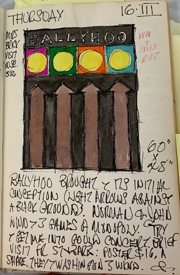 Robert Indiana's journal entry for March 16, 1961 featuring a sketch of the painting Ballyhoo