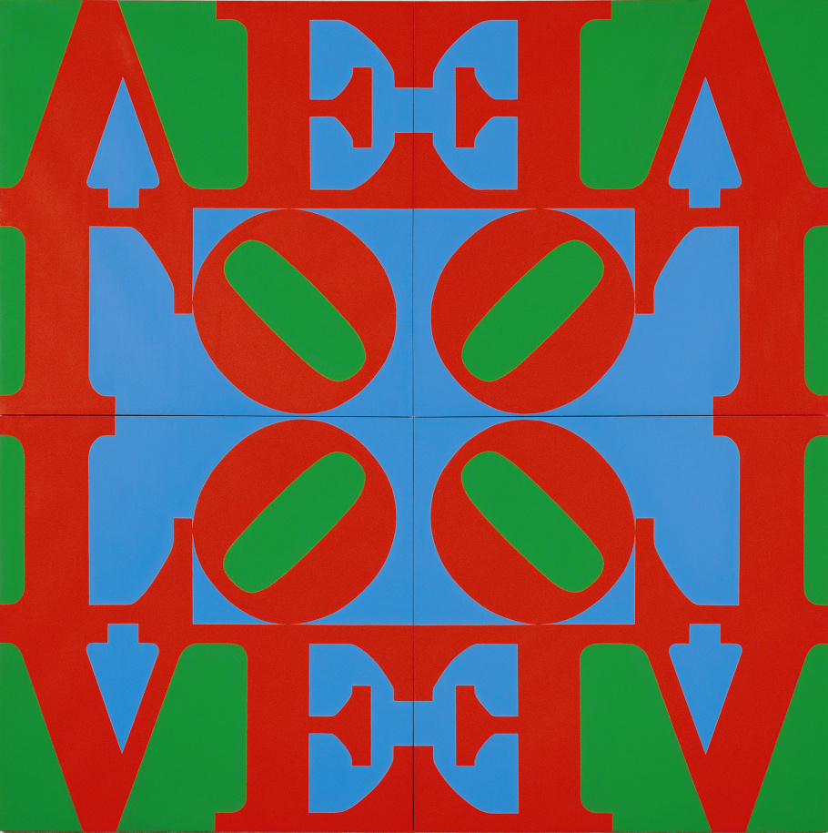 LOVE Wall, a 120 1/2 inch square painting consisting of four identical panels, each with a red letter L and a red tilted letter O over the red letters V and E, against a blue and green ground. The panels are arranged so that the Os are in the center, facing inward.