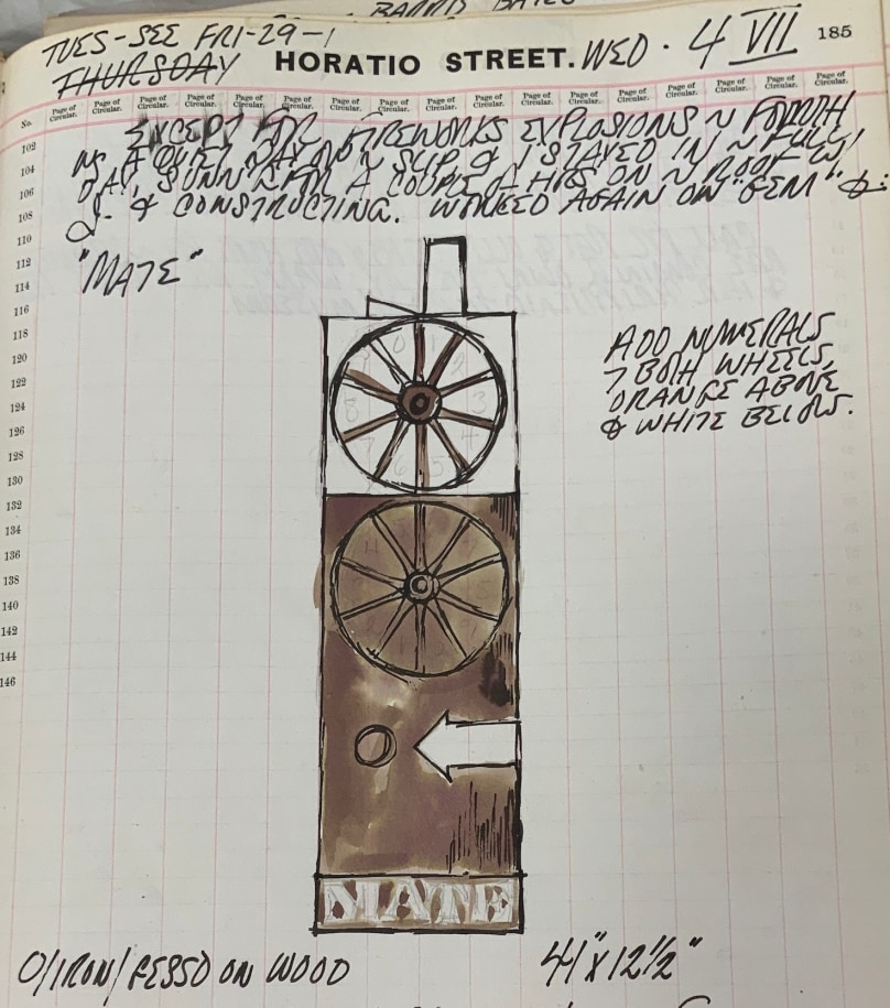 Black and white detail from Robert Indiana's journal entry for July 4, 1962, featuring a sketch of the herm Mate