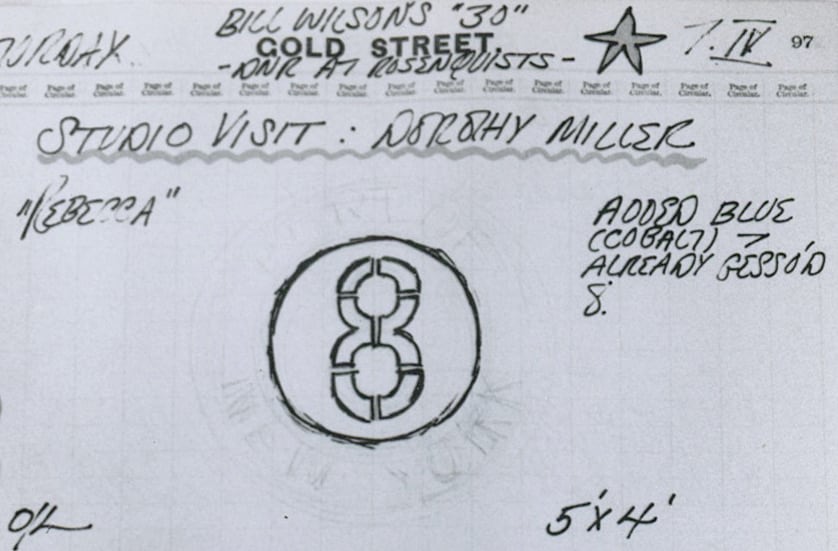 Detail from Robert Indiana's journal entry for April 7, 1962 featuring a sketch of the 8 at the center of the circle in the painting The Rebecca