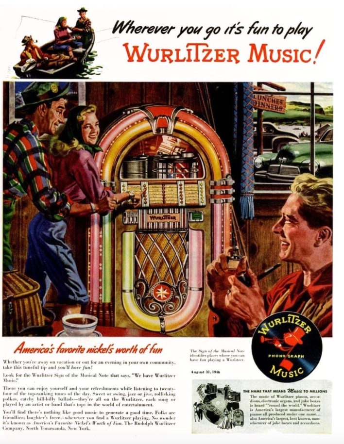 Advertisement for Wurlitzer jukeboxes, 1948, &quot;America&#039;s favorite nickel&#039;s worth of fun&quot;