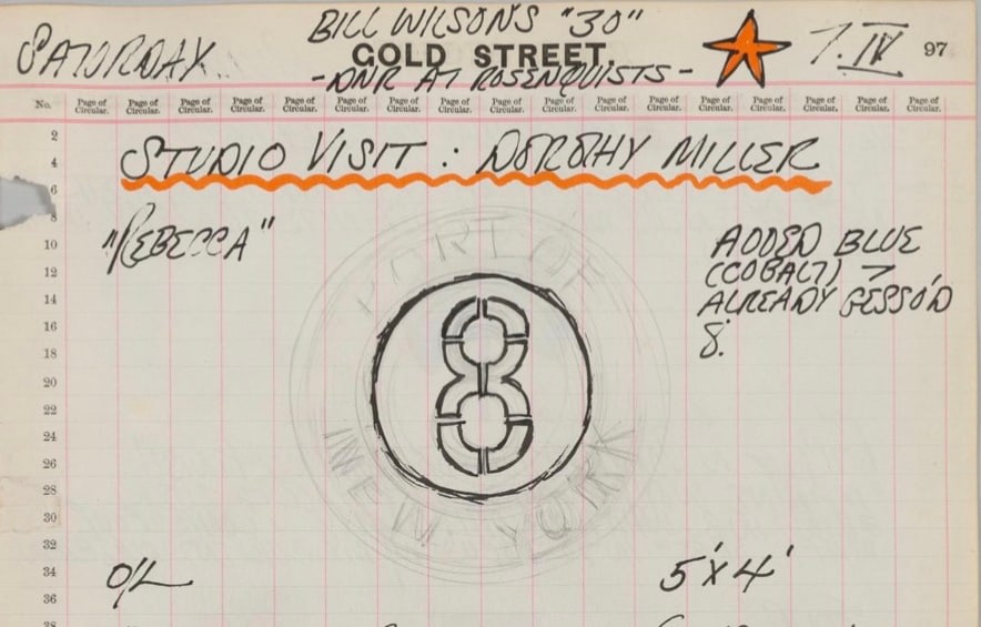 Detail from Robert Indiana's journal entry for April 7, 1962 featuring a sketch of the 8 at the center of the circle in the painting The Rebecca