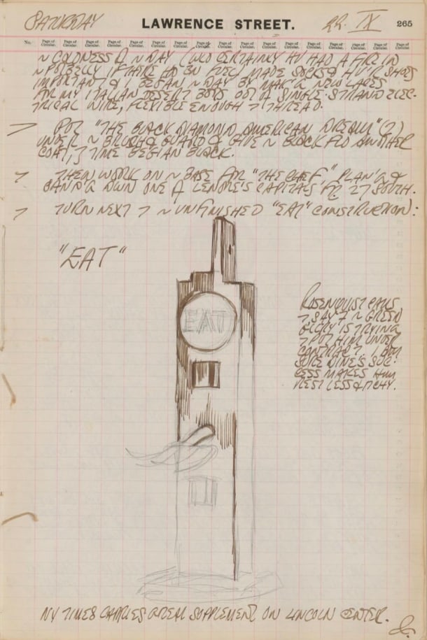 Robert Indiana's journal entry for September 22, 1962 featuring a sketch of the herm Eat