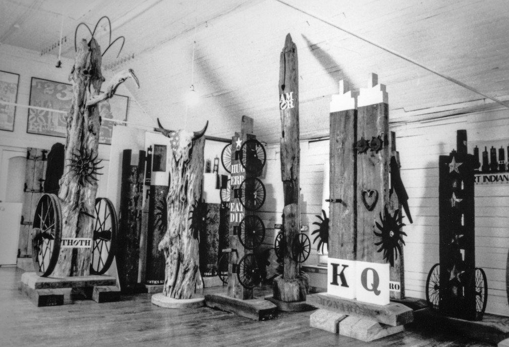 Wood sculptures in Indiana&rsquo;s studio on Vinalhaven in 1998. Left to right, Thoth (1985), USA (1996), The American Dream (1992), AMOR&nbsp;(1996), Monarchy (1981), and Four Star (1993)