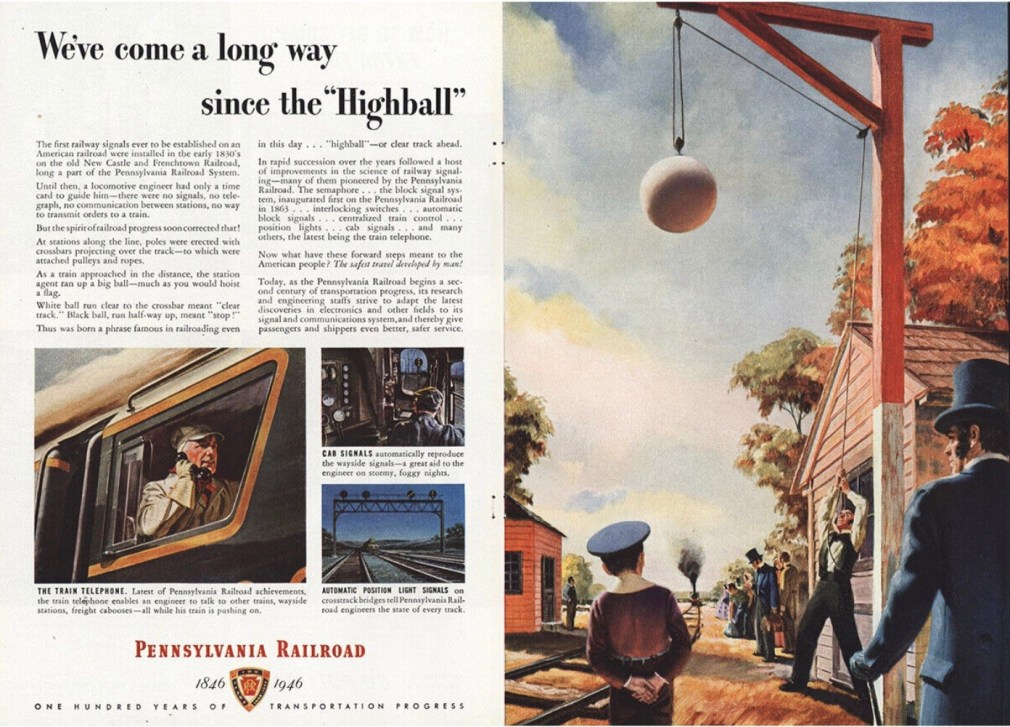 1946 Pennsylvania Railroad &quot;Highball&quot; print advertisement; half of the advertisement is an illustration of a man pulling a white ball up high to indicate a clear track. A young boy and man with a top hat look on