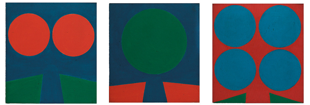 A bright red blue and green triptych.  The first canvas contains to red orbs, against a blue background above two green planes. The second canvas contains one green orb against a blue background above two red planes. The third canvas contains four blue orbs against a red background above two small green planes.