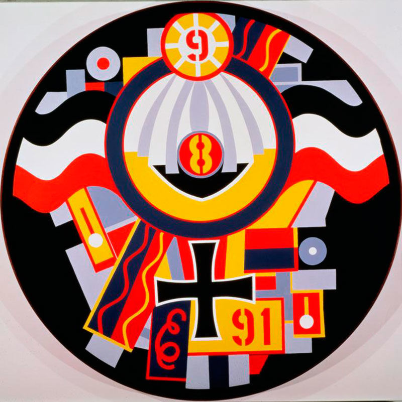 KvF XIII is a circular painting with a 60 inch diameter and a black ground. The other colors in the painting are yellow, red, white, and light gray. It consists of numerous stylized design elements, and numbers. These include a black iron cross, the red number 91 against a yellow ground, a red letter E against a black ground, a yellow number 8 in a red circle, a red number 9 in a white and yellow circle, and wavy black, white, and red stripes.