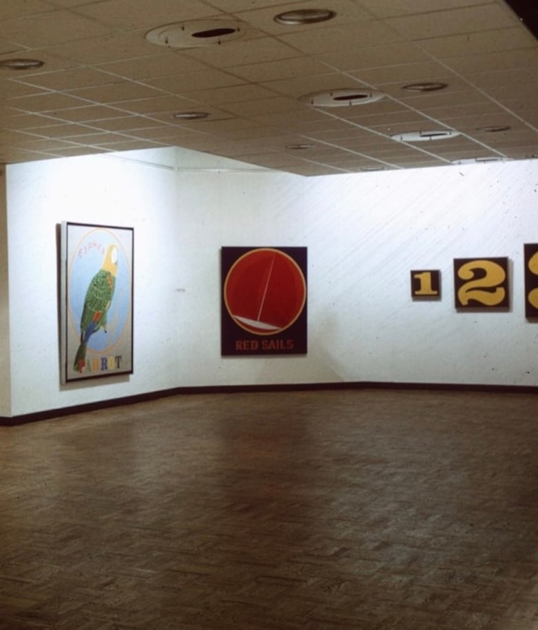 Installation view of Robert Indiana,&nbsp;Institute of Contemporary Art, University of Pennsylvania,&nbsp;Philadelphia,&nbsp;April 17&ndash;May 27, 1968. Left to right, Parrot (1967), Red Sails (1963), and Exploding Numbers (1964&ndash;66), &nbsp;
