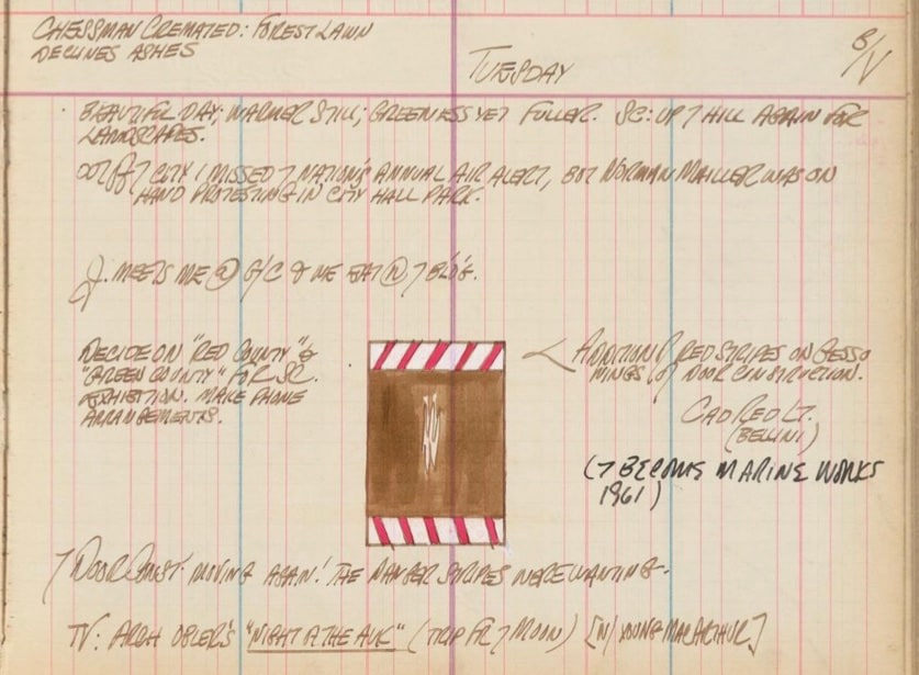 Robert Indiana's journal entry for May 3, 1960, featuring a sketch of Marine Works