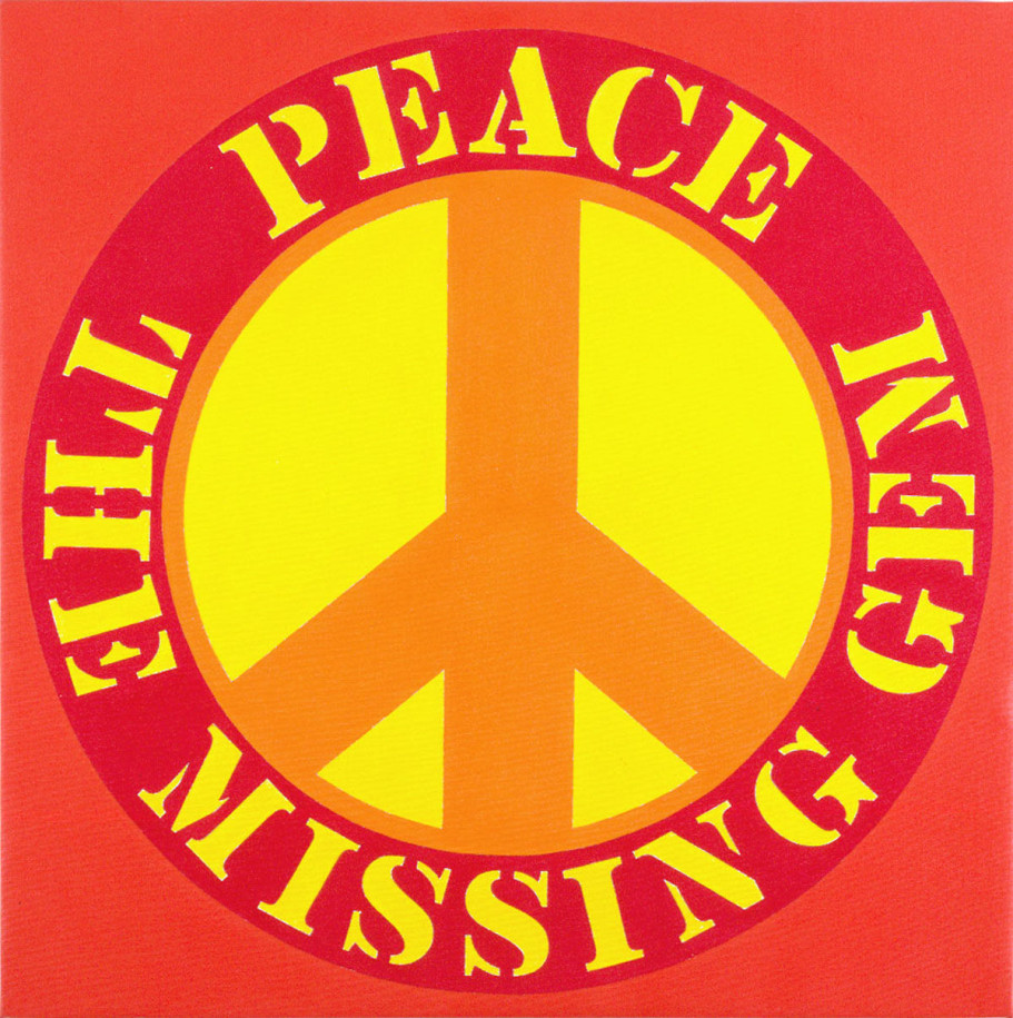 A 24 inch square painting with an orange peace sign within a  yellow circle surrounded by a red ring containing the painting's title, &quot;Peace the Missing Gem&quot; in yellow letters. The painting's background is an orange-red.