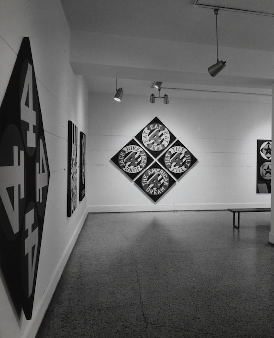 Installation view of the exhibition&nbsp;Richard Stankiewicz, Robert Indiana, at the Walker Art Center, Minneapolis, October 22&ndash;November 24, 1963. Left to right, The Big Four (1963), The American Gas Works (1961&ndash;62), The Rebecca (1962), The Beware Danger American Dream #4 (1963), and The Triumph of Tira (1960&ndash;62), &nbsp;