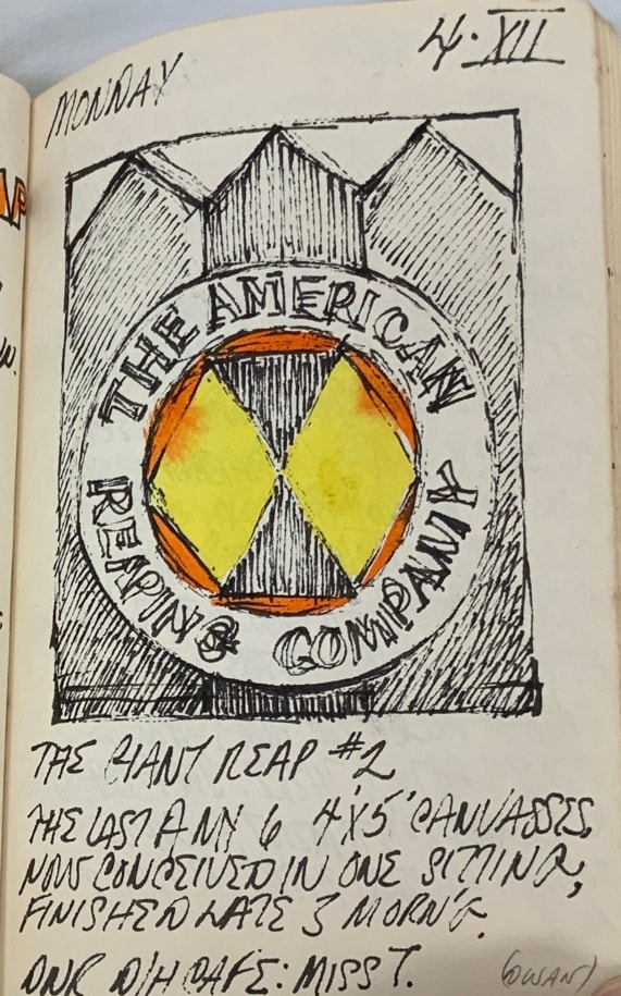 Robert Indiana's journal page for December 4, 1961 with a sketch of the painting The American Reaping Company