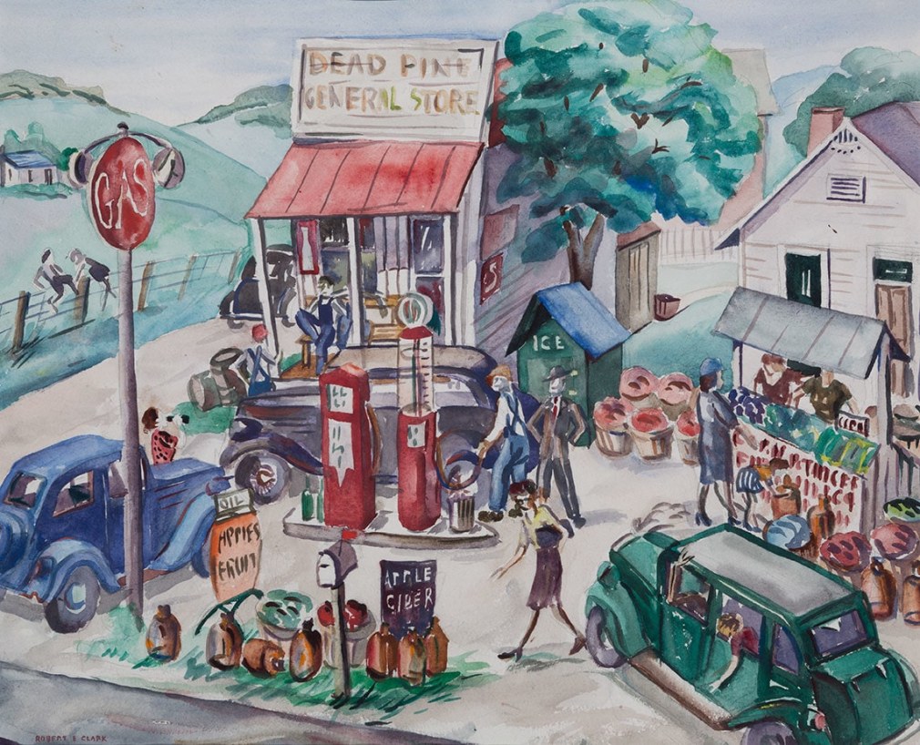 Watercolor of Indiana's cousin's general store. Also pictured is a gas station in front of the store, with a man filling his car. Two other cars, one blue, and one green, are also pictured, as well as a woman shopping at a stand selling apples and apple cider.