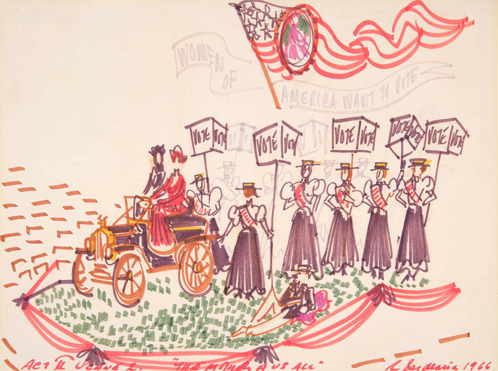 Scene design for Women of American Want To Vote, in Act II, Scene II, in The Mother of Us All. Features two women on a Model-T Ford, one in a red dress, and six women with black skirts and white shirts standing carrying Vote signs