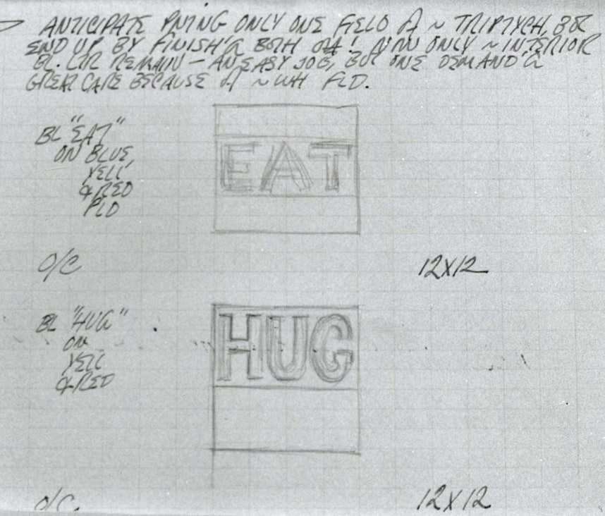 Excerpt from Robert Indiana's journal entry for August 19, 1962 featuring sketches of the small paintings Hug and Eat