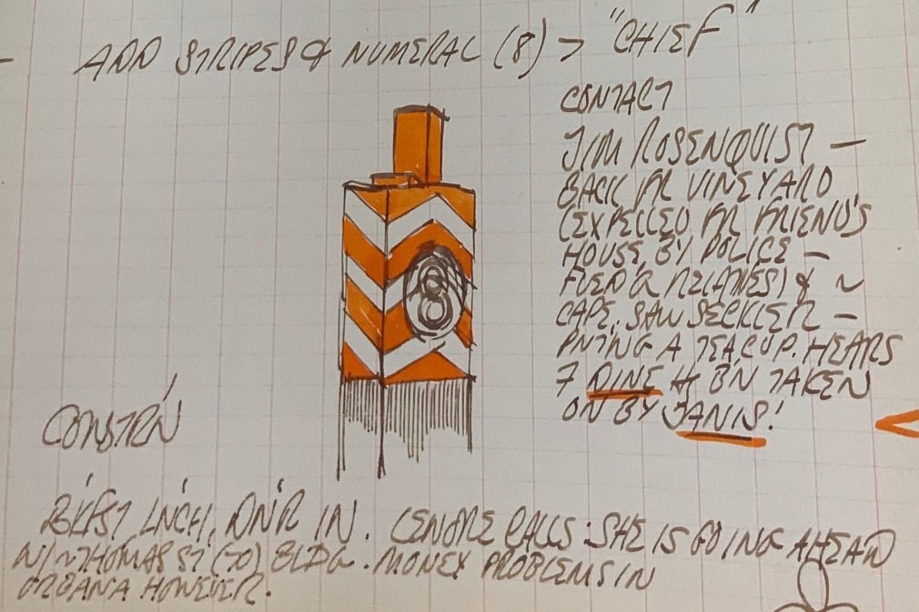 Detail from Robert Indiana's journal entry for August 30, 1962 with a sketch of the top of the sculpture Chief