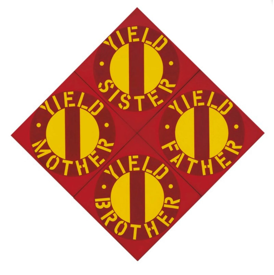 The Red Yield Brother IV is a diamond shaped painting consisting of four panels, measuring 68 by 68 inches overall. Each panel contains a yellow circle with a dark red vertical band and a dark red ring with yellow text against a lighter red ground. The text reads, clockwise from top, &quot;Yields Sister,&quot; &quot;Yield Father,&quot; &quot;Yield Brother,&quot; and &quot;Yield Mother.&quot;