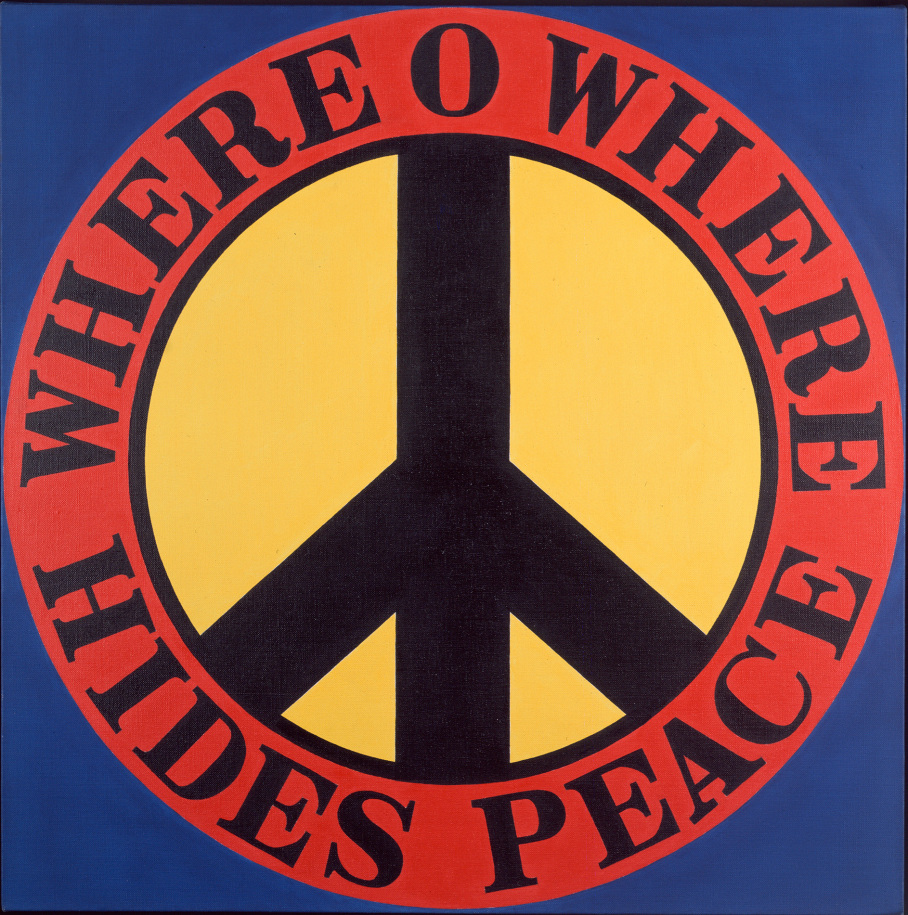 A 24 inch painting with a black peace sign in a yellow circle surrounded by a red ring containing the work's title, &quot;Where O Where Hides Peace&quot; written in black letters. The background of the painting is blue.