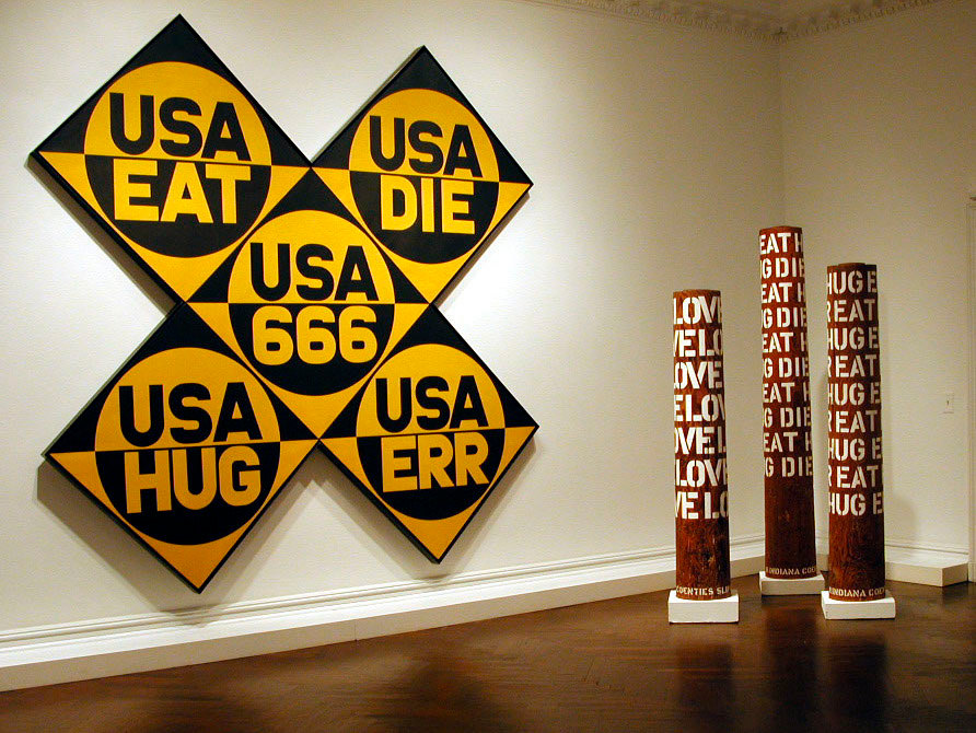 Installation view of Robert Indiana: Letters, Words and Numbers, C&amp;amp;M Arts, New York, February 13&ndash;March 22, 2003. Left to right: USA 666 (The Sixth American Dream) (1964&ndash;66), Column Love (1964), Column Eat/Hug/Die (1964), and Column Eat/Hug/Err (1964)