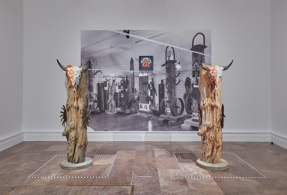 Installation view of Robert Indiana: A Sculpture Retrospective, Albright-Knox Art Gallery, Buffalo, New York, June 16&ndash;September 23, 2018. Left to right, USA (1996&ndash;1998, cast 2017), USA Eat (1965), and USA (1996&ndash;1998), &nbsp;