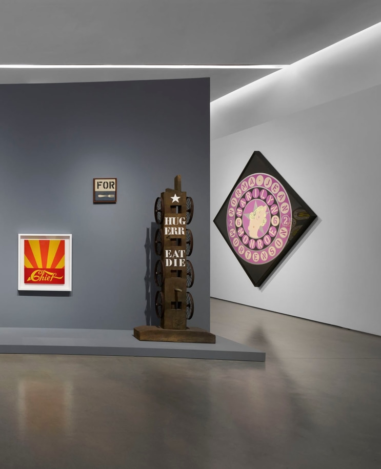 Installation view, Robert Indiana: The American Dream, Pace Gallery, New York,&nbsp;May 9&ndash;August 15, 2025. Left to right, Chief (1969), For (1962), The American Dream (1992, cast 2015), and The Black Marilyn (1967/1998)
