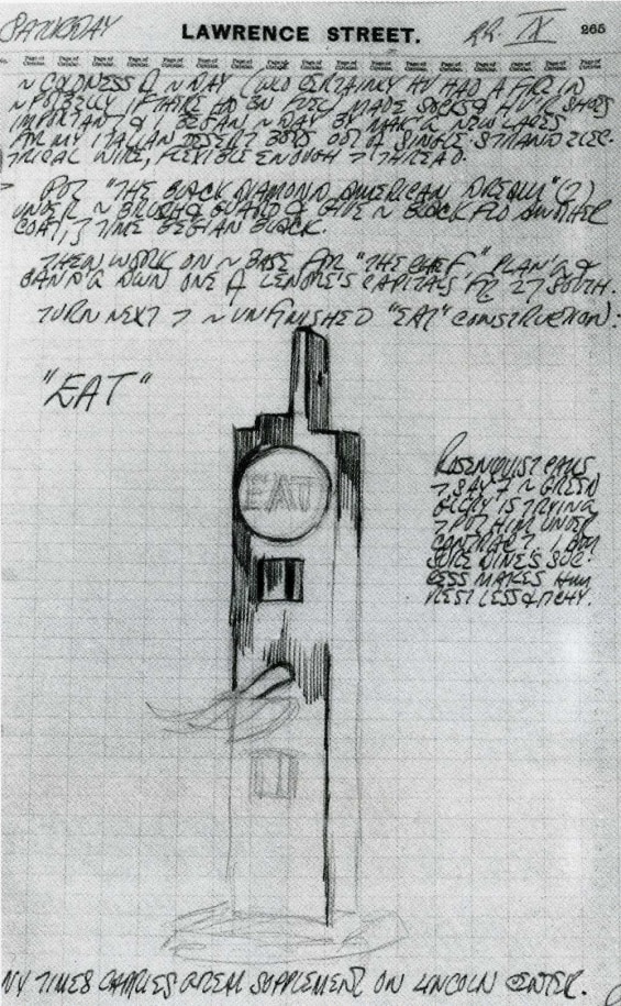 Robert Indiana's journal entry for September 22, 1962 featuring a sketch of the herm Eat