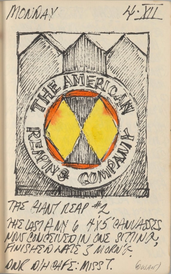 Robert Indiana's journal page for December 4, 1961 with a sketch of the painting The American Reaping Company