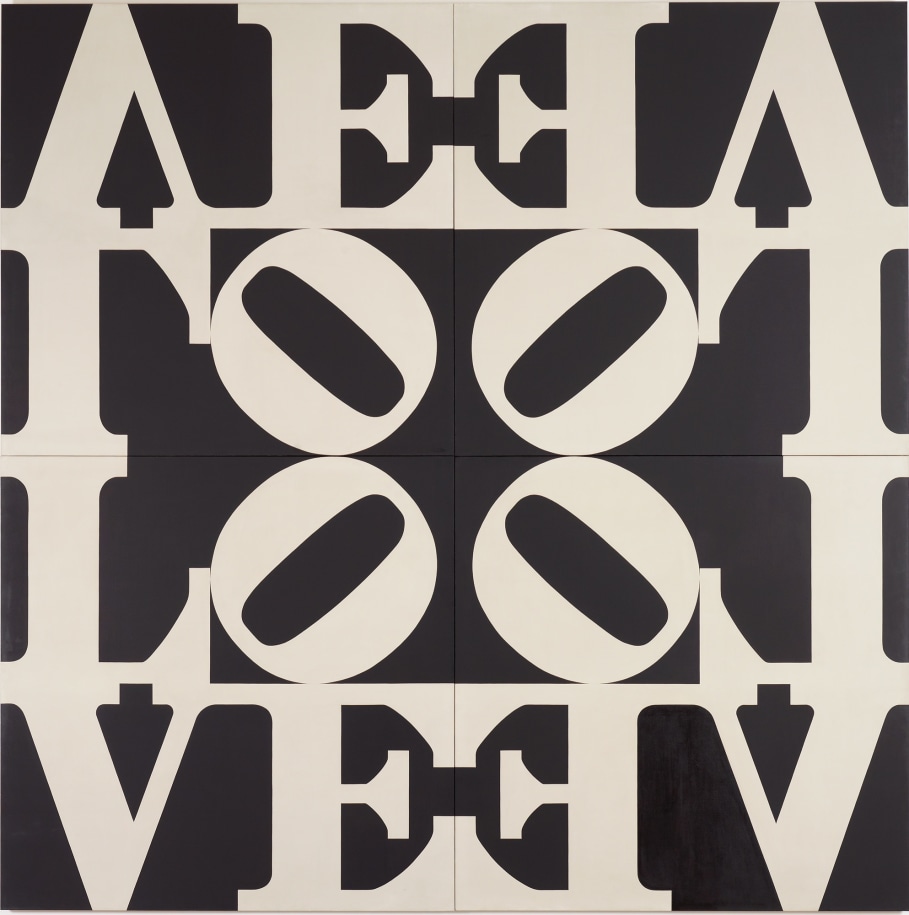 LOVE Wall is 144 inch square painting consisting of four identical panels, each with a white letter L and a white tilted letter O over the white letters V and E, against a black ground. The panels are arranged so that the Os are in the center, facing inward; thus the top two panels are hung upside down.