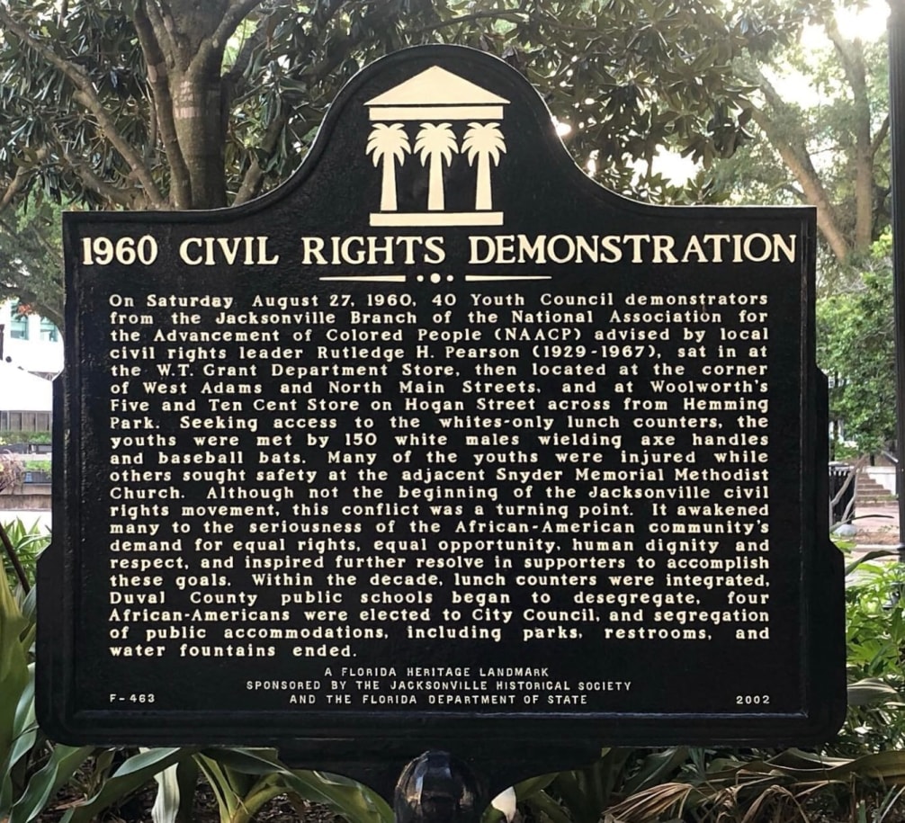 A historical marker for the attack on peaceful NAACP demonstrators in Jacksonville, Florida, on&nbsp;August 27, 1960, the day now known as Ax Handle Saturday