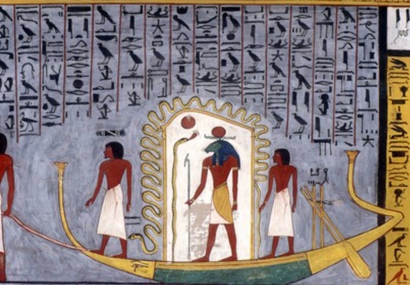 Ra, center, traveling through the underworld. Image from a copy of the Book of Gates