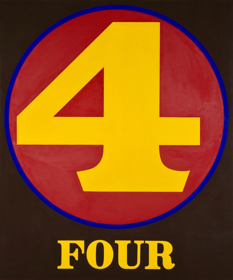 A 60 by 50 inch brown canvas dominated by a yellow numeral four within a red circle with a blue outline. Below the circe the painting's title, &quot;Four,&quot; is painted in yellow letters.