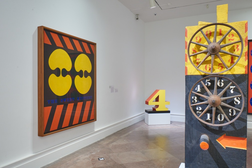 Installation view of Robert Indiana: A Sculpture Retrospective, Albright-Knox Art Gallery, Buffalo, New York, June 16&ndash;September 23, 2018. Left to right, The Sweet Mystery&nbsp;(1959&ndash;62), FOUR (1978&ndash;2003), and Mate (1960&ndash;62). Photo: Tom Powel Imaging
