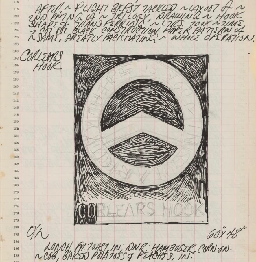 Detail from Robert Indiana's journal entry for June 20, 1962 with a sketch of the Corlear's Hook panel from The Melville Triptych