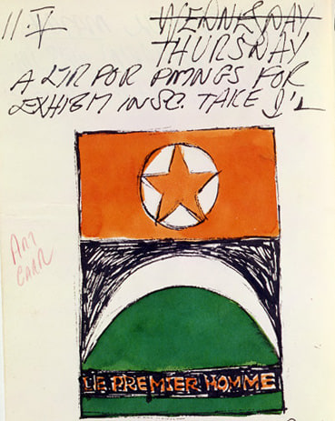 Detail from Robert Indiana's journal entry for&nbsp;May 11, 1961, featuring a color sketch of the painting Le Premier Homme