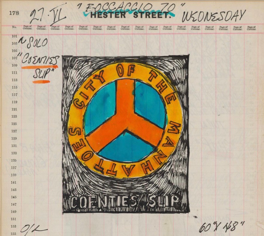 Detail from Robert Indiana's journal entry for June 27, 1962, featuring a sketch of the painting Coenties Slip