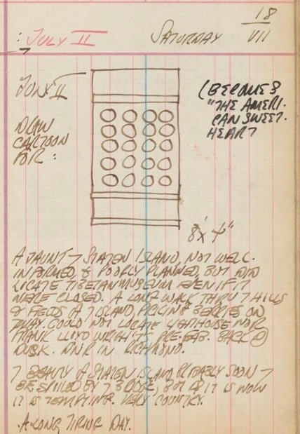 Robert Indiana's journal entry for July 18, 1959, with an early sketch of the painting The American Sweetheart
