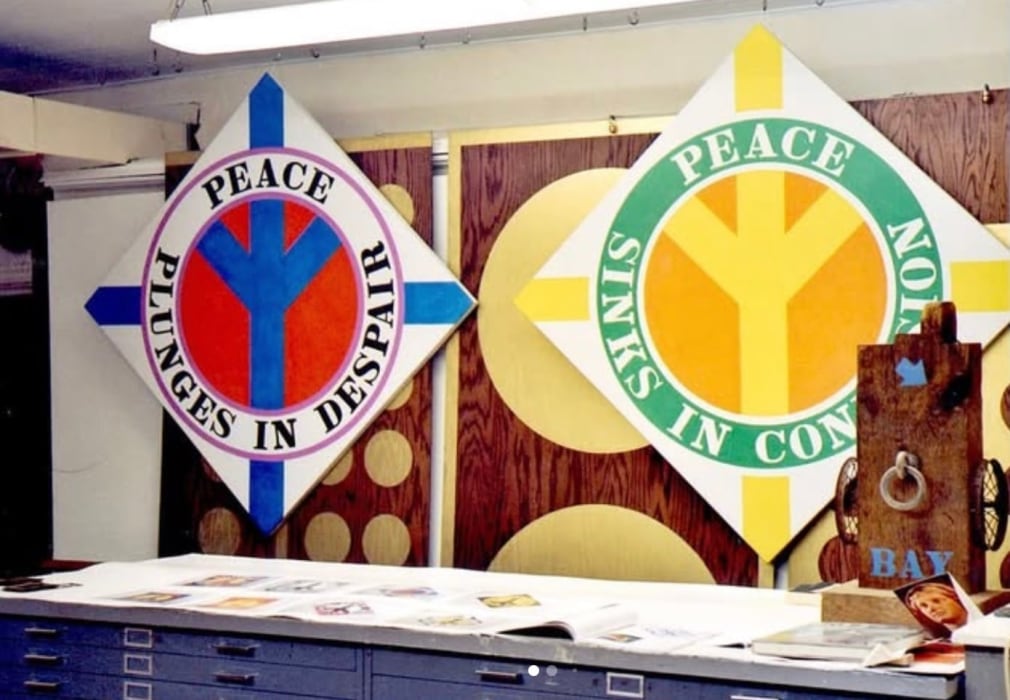 Early state of Peace Plunges in Despair (2003) and Peace Sinks in Confusion (2003) in Indiana&#039;s studio, Vinalhaven, Maine
