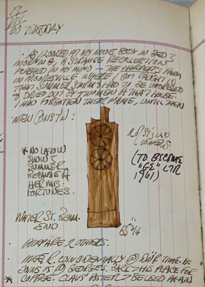 Robert Indiana's journal entry for July 19, 1960 with a sketch of Ge