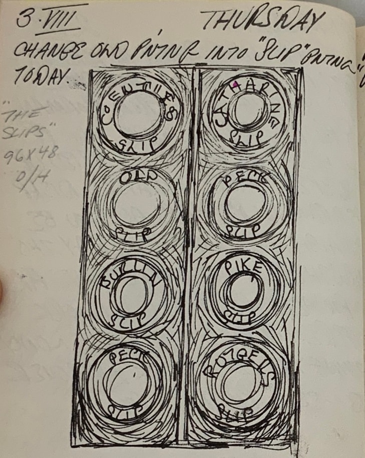 Detail from Robert Indiana's journal entry for August 3, 1961 with a sketch of The Slips