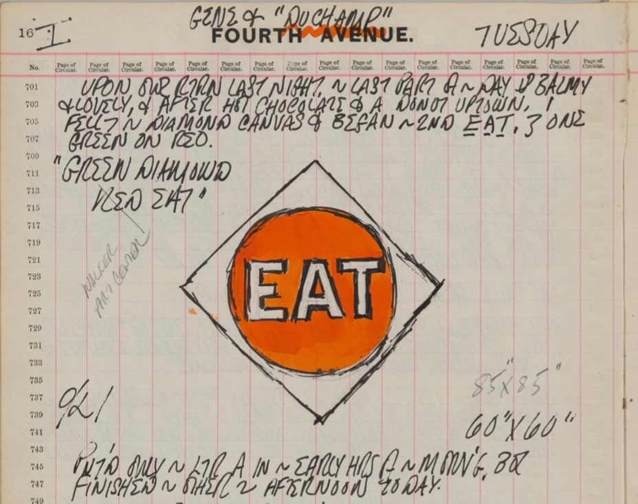 Detail from one of Robert Indiana's January 1962 journal pages featuring a sketch of the. EAT panel from The Green Diamond Eat/The Red Diamond Die