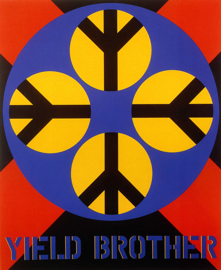 A 60 by 50 inch painting with a red X against a black ground. On top of the X is a large blue circle containing four yellow circles each with a black peace sign. The work's title, &quot;Yield Brother,&quot; appears in blue stenciled letters across the bottom of the canvas.
