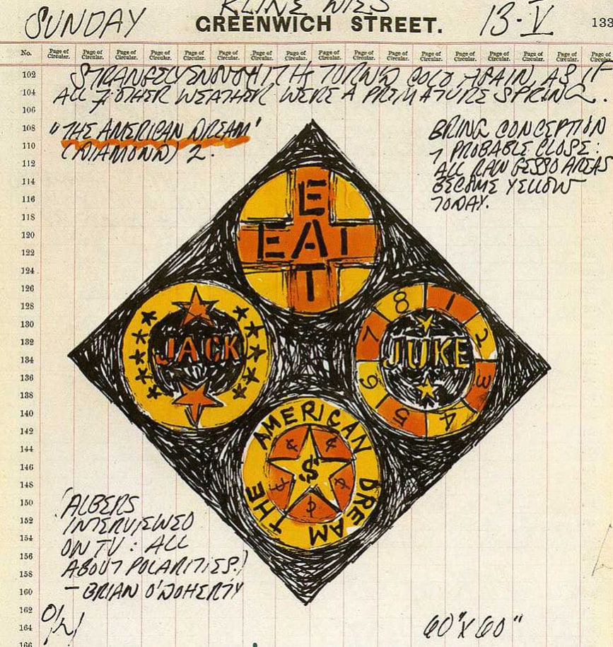 Detail from Robert Indiana's journal entry for May 13, 1962 featuring a color sketch of the painting The Black Diamond American Dream #2
