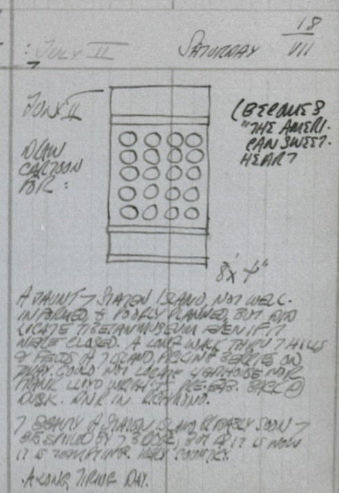 Robert Indiana's journal entry for July 18, 1959, with an early sketch of the painting The American Sweetheart